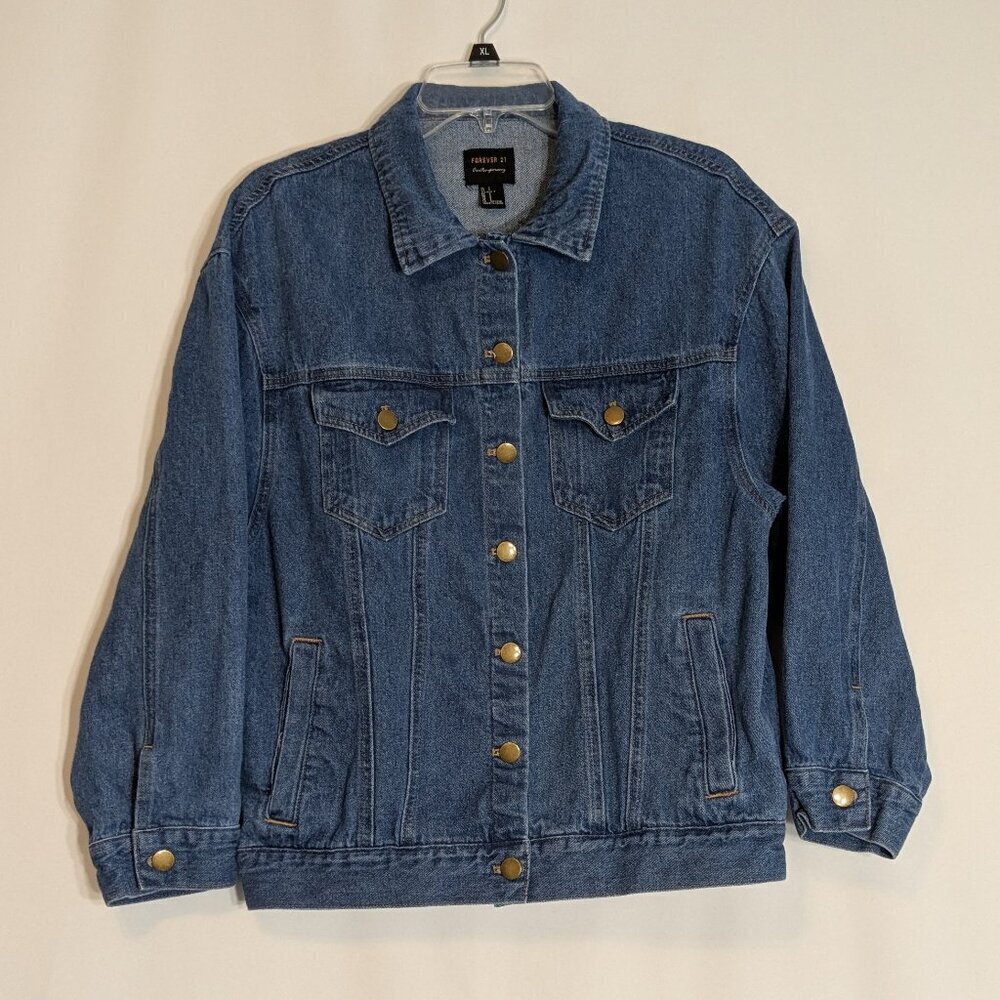 FOREVER 21 Contemporary, Blue Cotton Denim Button Jean Jacket; Size S